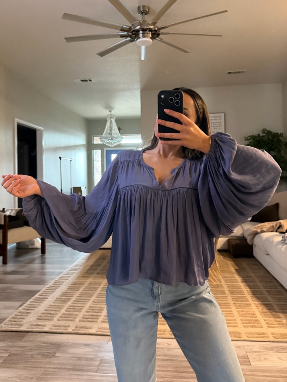 Women's Billowy Long-Sleeve Blouse in Dusty Blue